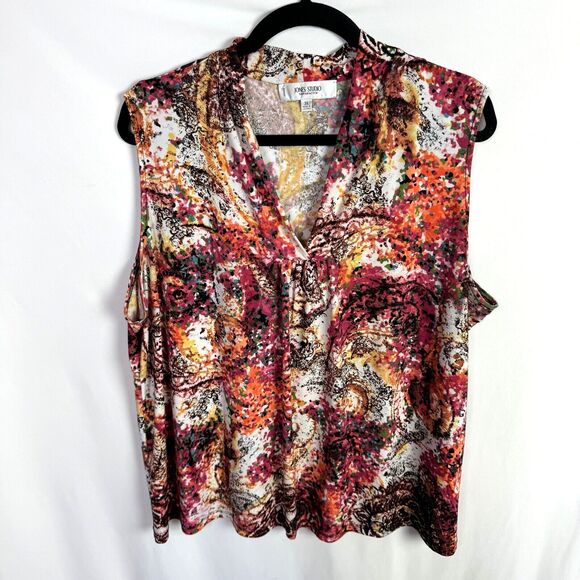 Jones Studio Women's Sleeveless Top Blouse Size 3X Orange/Pink Print V-Neck - Picture 1 of 5